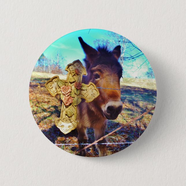 Donkey with Rose Cross 2 Inch Round Button (Front)