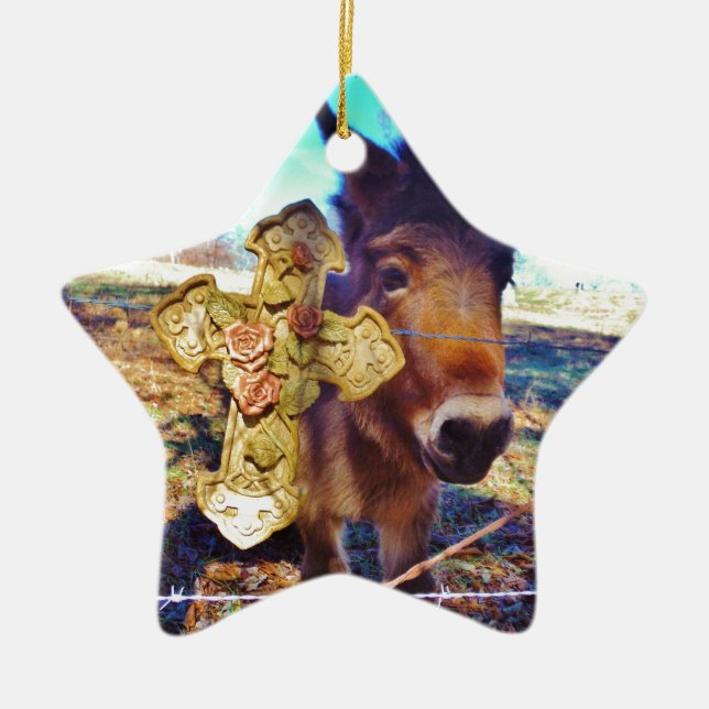 Donkey with Rose Cross Ceramic Ornament (Front)