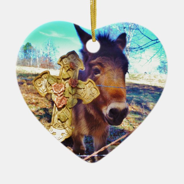 Donkey with Rose Cross Ceramic Ornament (Front)