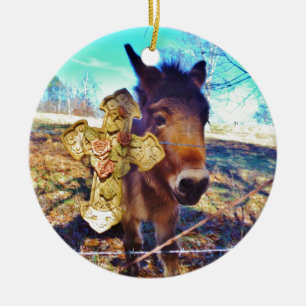 Donkey with Rose Cross Ceramic Ornament