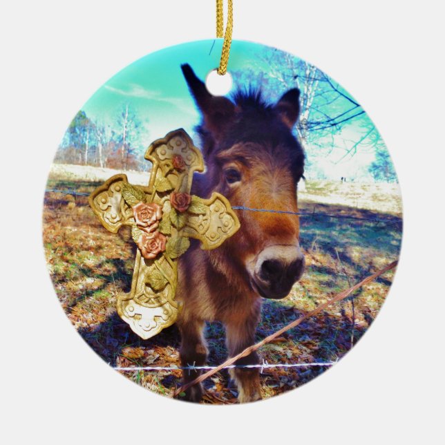 Donkey with Rose Cross Ceramic Ornament (Front)