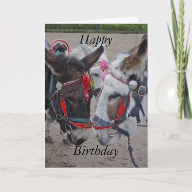 Donkeys at the Seaside Happy Birthday Card (Front)