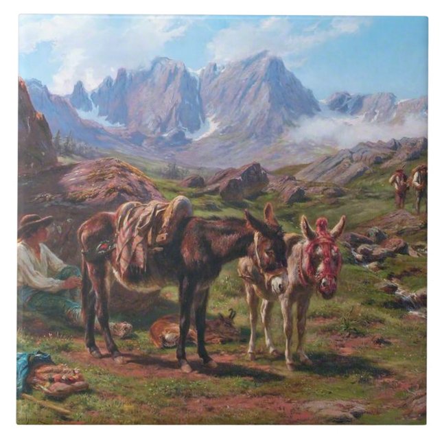 Donkeys in the Pyrenees Mountains (Rosa Bonheur) Tile (Front)