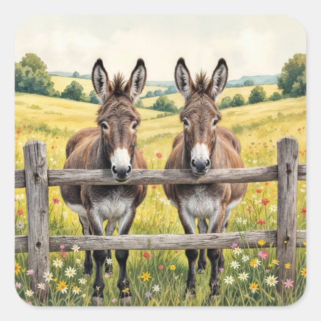 Donkeys Standing Behind a Fence In a Farm Pasture Square Sticker (Front)
