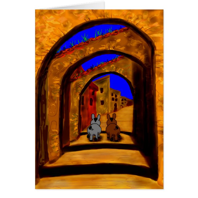 donkeys walking under arches (Front)