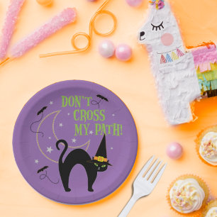 Don't Cross My Path Black Cat Halloween Purple Paper Plate