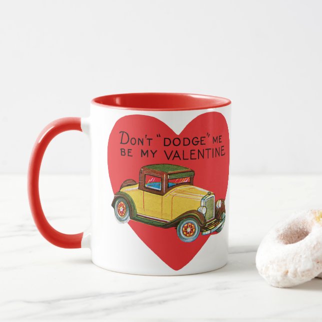 Don't Dodge Me, Be My Valentine! Retro Valentine Mug (With Donut)