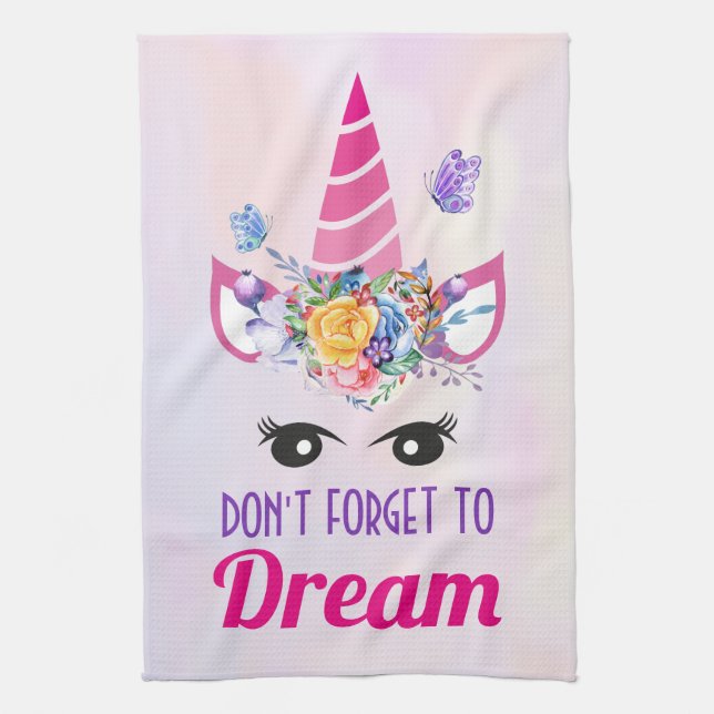 Don't Forget to Dream Cute Pink Unicorn Kitchen Towel (Vertical)