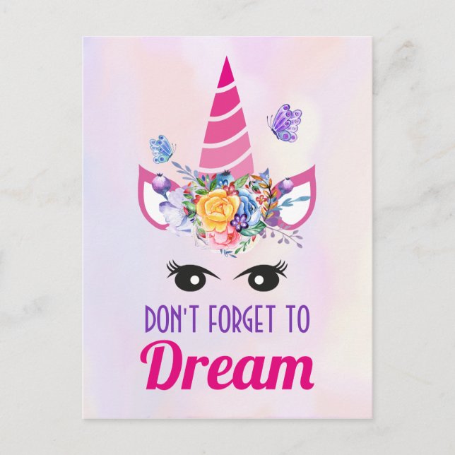 Don't Forget to Dream Cute Pink Unicorn Postcard (Front)
