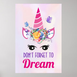 Don't Forget to Dream Cute Pink Unicorn Poster