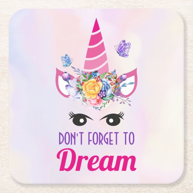 Don't Forget to Dream Cute Pink Unicorn Square Paper Coaster (Front)