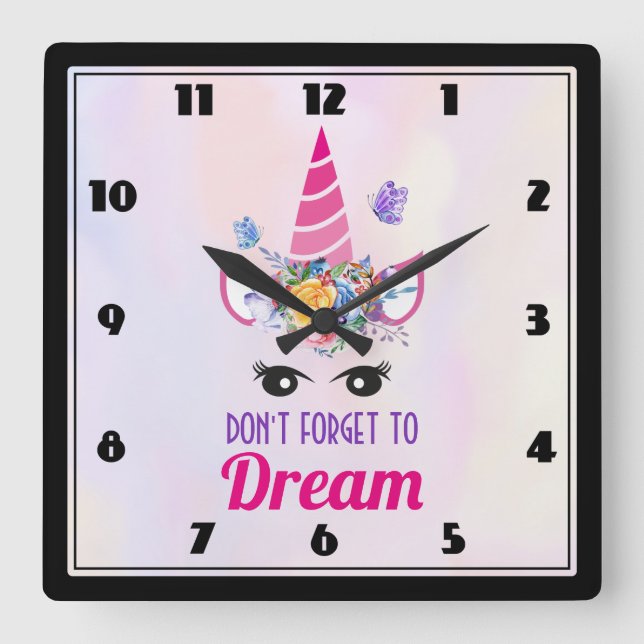 Don't Forget to Dream Cute Pink Unicorn Square Wall Clock (Front)