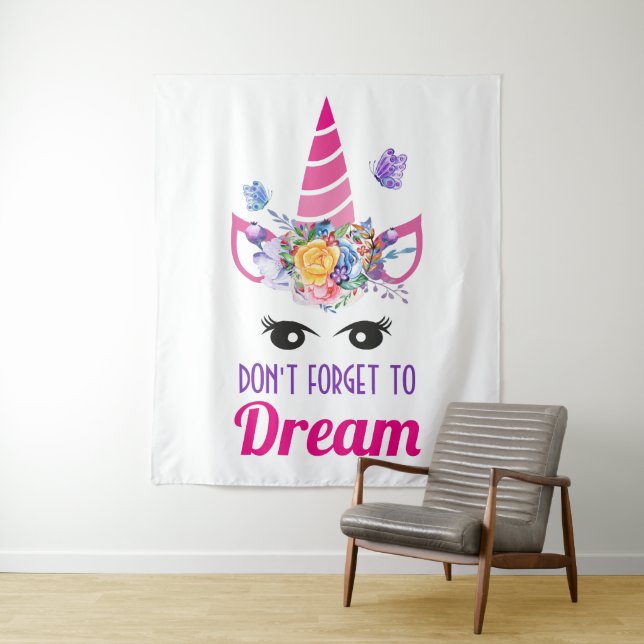Don't Forget to Dream Cute Pink Unicorn Tapestry (In Situ)