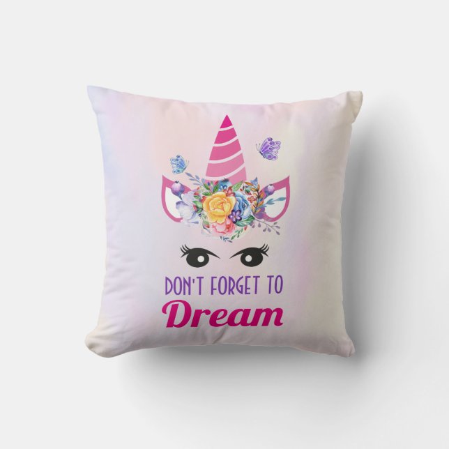 Don't Forget to Dream Cute Pink Unicorn Throw Pillow (Front)
