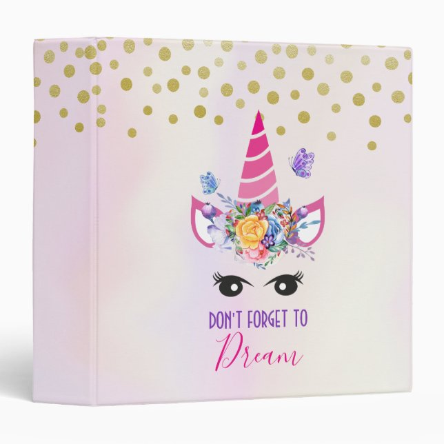 Don't Forget to Dream Pink Unicorn & Confetti Binder (Front/Spine)