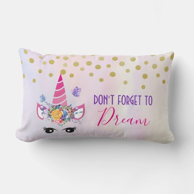 Don't Forget to Dream Pink Unicorn & Confetti Lumbar Pillow (Front)