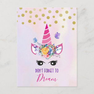 Don't Forget to Dream Pink Unicorn & Confetti Postcard