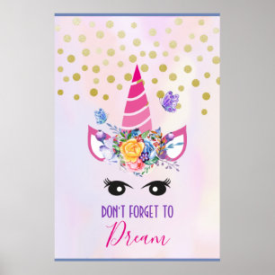 Don't Forget to Dream Pink Unicorn & Confetti Poster