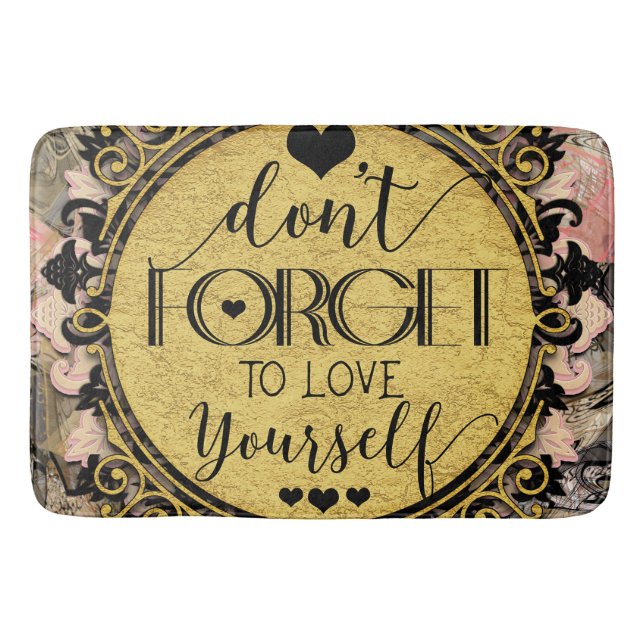 Don't Forget to Love Yourself Black Marble Swirl Bath Mat (Front)