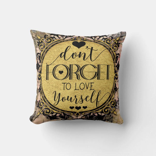 Don't Forget to Love Yourself Black Marble Swirl Throw Pillow (Front)