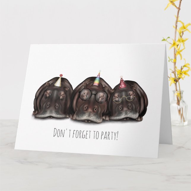 Don't Forget to Party Hippos - Fun Birthday Card (Yellow Flower)