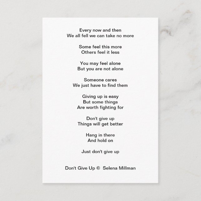 "Don't Give Up" Poem Enclosure Card (Front)