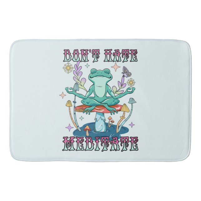 "Don't Hate, Meditate" | Peaceful Frog & Floral Bath Mat (Front)