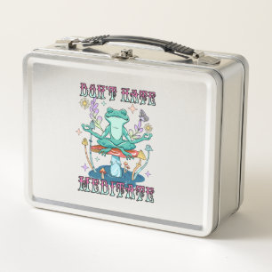 "Don't Hate, Meditate"   Peaceful Frog & Floral Metal Lunch Box