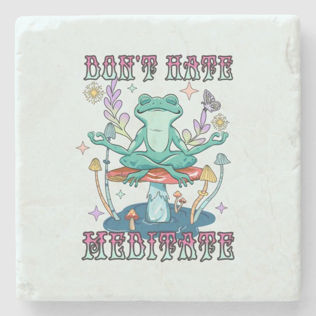 "Don't Hate, Meditate" | Peaceful Frog & Floral Stone Coaster (Front)