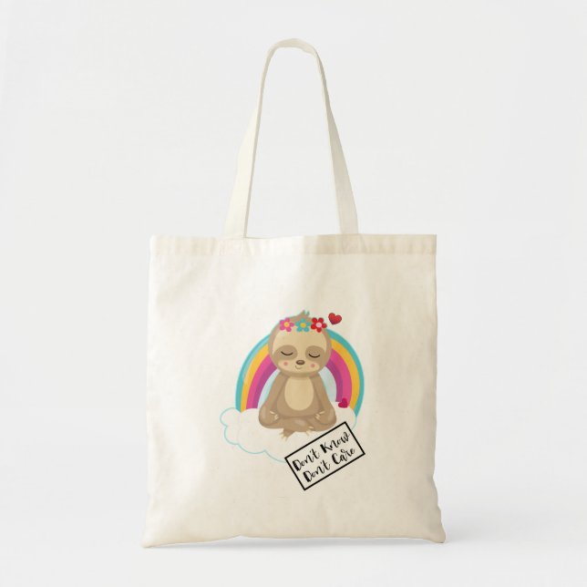 Don't Know Don't Care Text - Cute Meditating Sloth Tote Bag (Front)