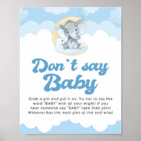 Don't Say Baby Blue Elephant Baby Shower Game Sign