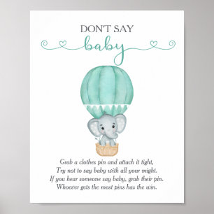 Don't Say Baby Green Elephant Baby Shower Game Poster