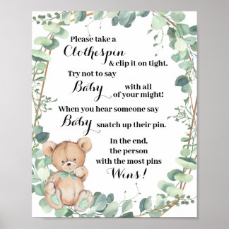 Don't Say Baby Greenery Bear Gold Baby Shower Game Poster