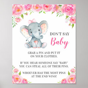Don't Say Baby Pin Game Elephant Baby Girl Shower Poster