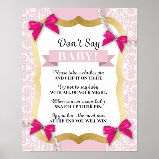 Don't Say Baby Pink Bow Pearls Lace Shower Poster