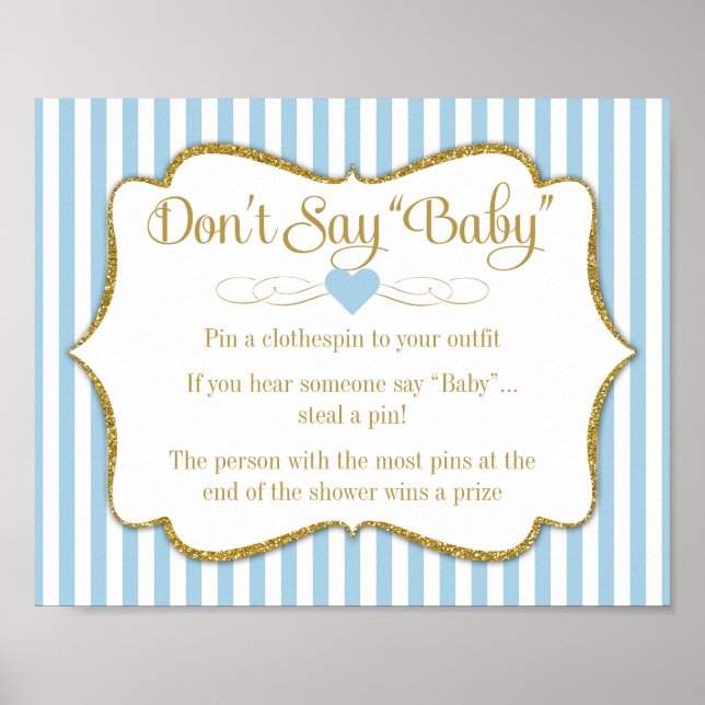 Don't Say Baby Shower Game Blue Gold Boy Baby Poster (Front)