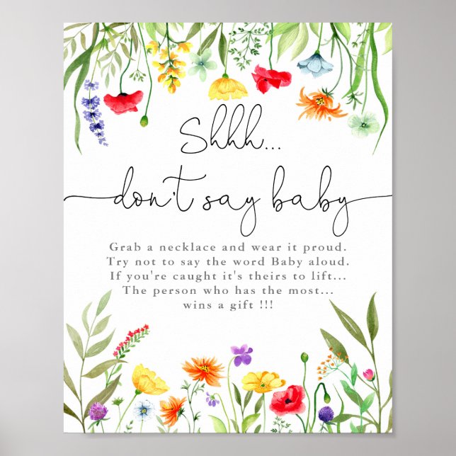 Don't say baby shower game colourful wildflowers poster (Front)