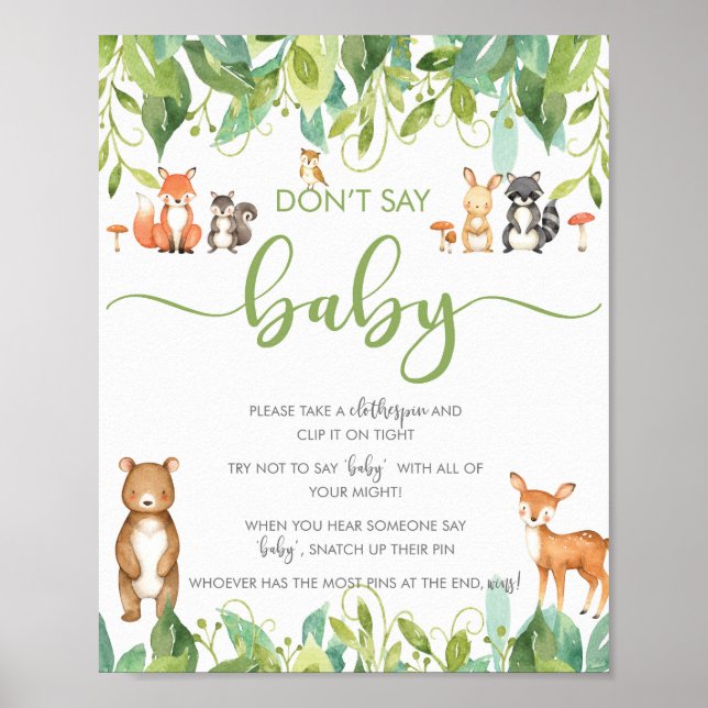 Don't Say Baby Shower Game Woodland Greenery Sign (Front)