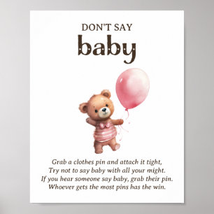 Don't Say Baby Teddy Bear Girl Baby Shower Game Poster