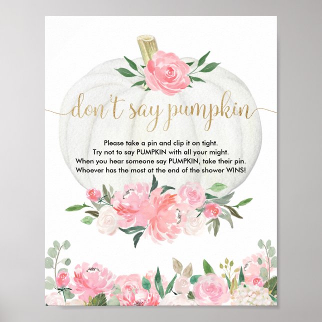 Don't say pumpkin baby shower game fall pink gold poster (Front)