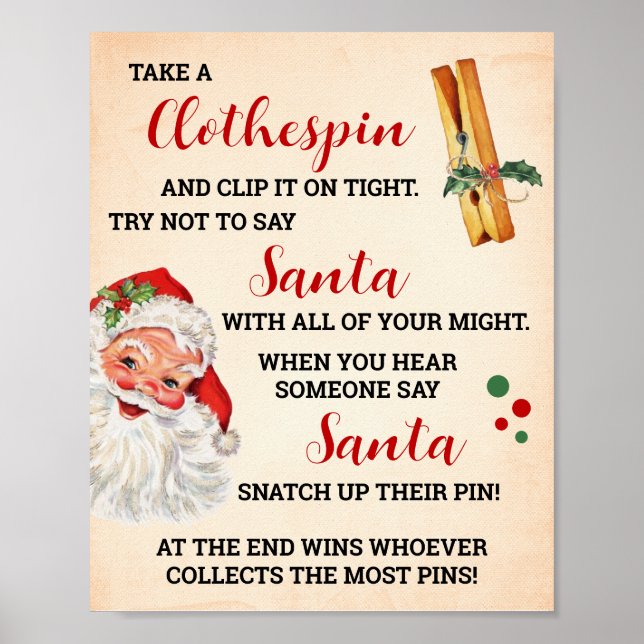 Don't Say Santa Christmas Clothespin Game Sign (Front)