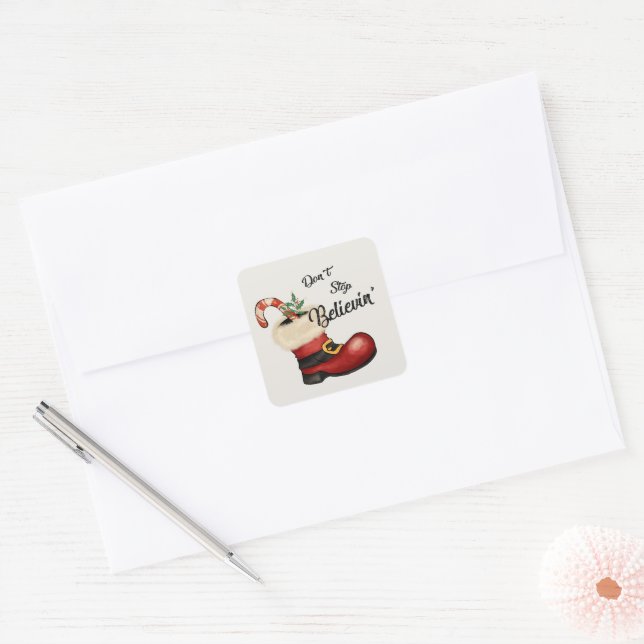 don't stop belivein' Santa boot word art Christmas Square Sticker (Envelope)