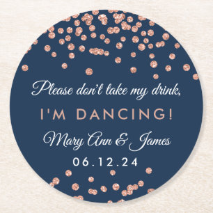 Don't Take My Drink! Rose Gold Confetti Navy Blue Round Paper Coaster