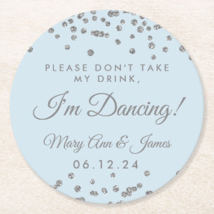 Don't Take My Drink! Silver Confetti Ice Blue Round Paper Coaster