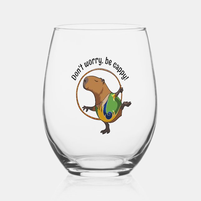 Don't Worry Be Cappy Capybara Gymnast Hoop Cartoon Stemless Wine Glass (Front)