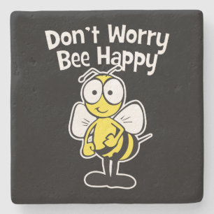 Don't Worry Be Happy Bumble Bee Black Stone Coaster