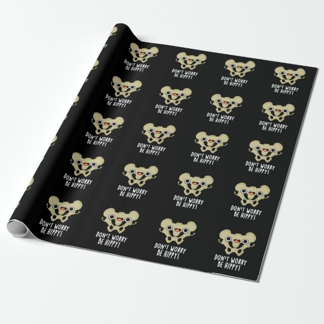 Don't Worry Be Hippy Funny Bone Pun Dark BG Wrapping Paper (Unrolled)