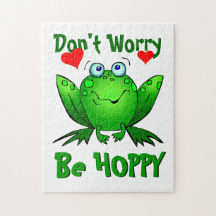 Dont Worry Be Hoppy Cute Green Frog w Hearts Jigsaw Puzzle