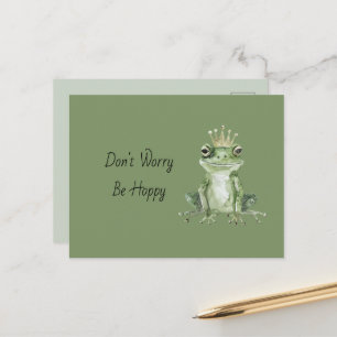 Don't Worry Be Hoppy Green Frog Crown Postcard