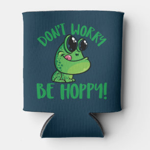 Don't Worry Be Hoppy Smiling Cartoon Frog Can Cooler